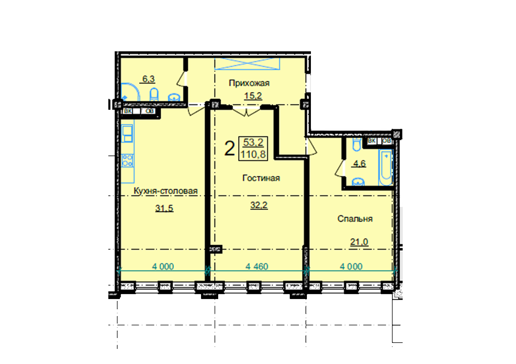Планировка двухкомнатной квартиры 110,8 м²